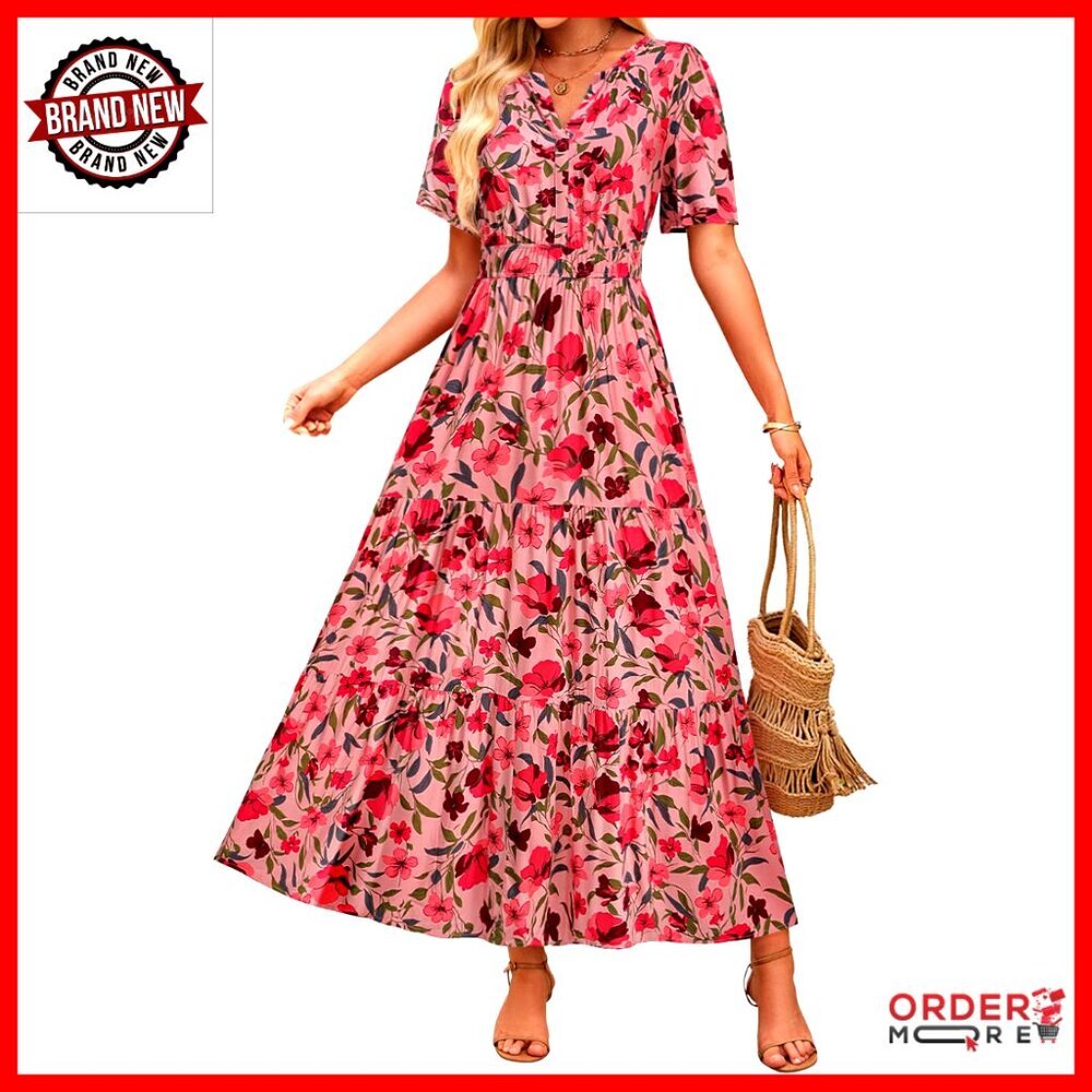Floral Boho Maxi Dress V-Neck Short Sleeve A-Line Casual Beach Vacation